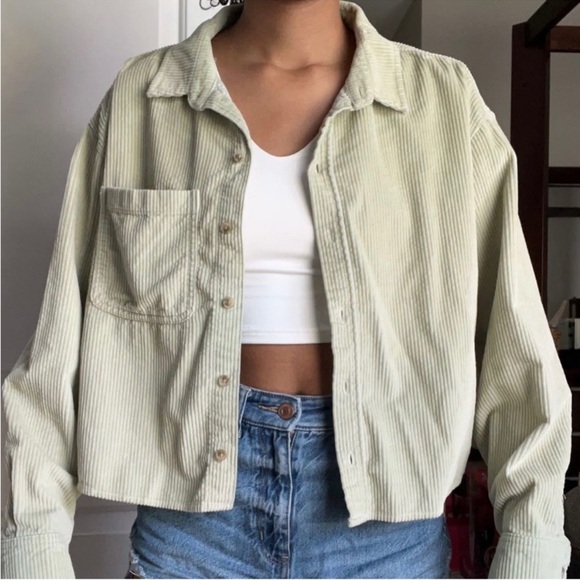 Sage Green American Eagle Ribbed Cropped Long Sleeve Button-Front Shirt - Picture 1 of 5